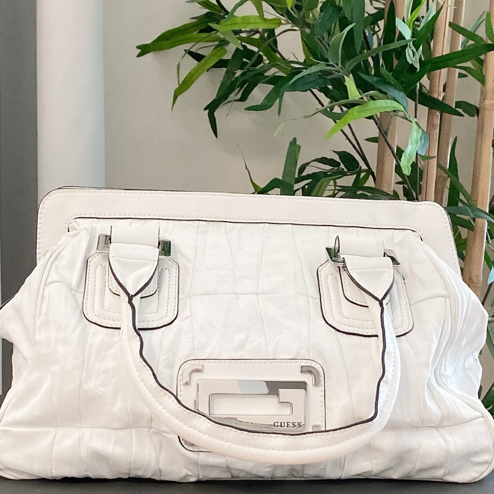 GUESS Large Tote Shoulder Handbag - Large Capacity Travel Bag - Ivory White